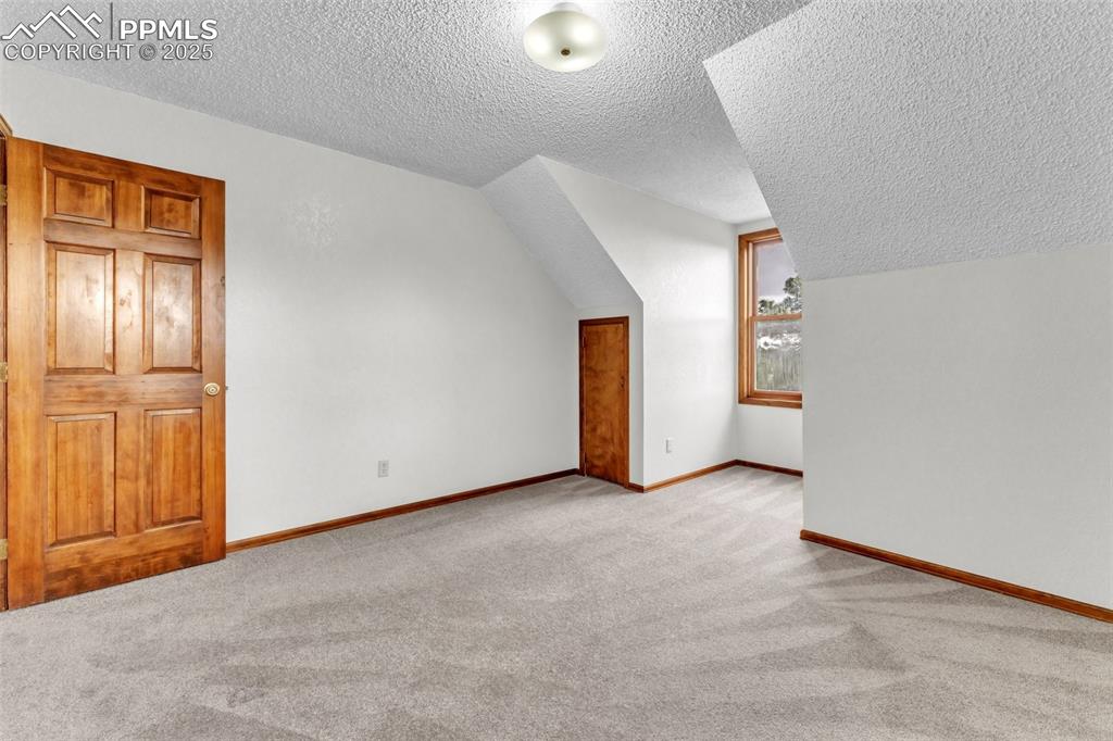 Image 20 of 43: Additional living space with a textured ceiling, carpet floors, baseboards,