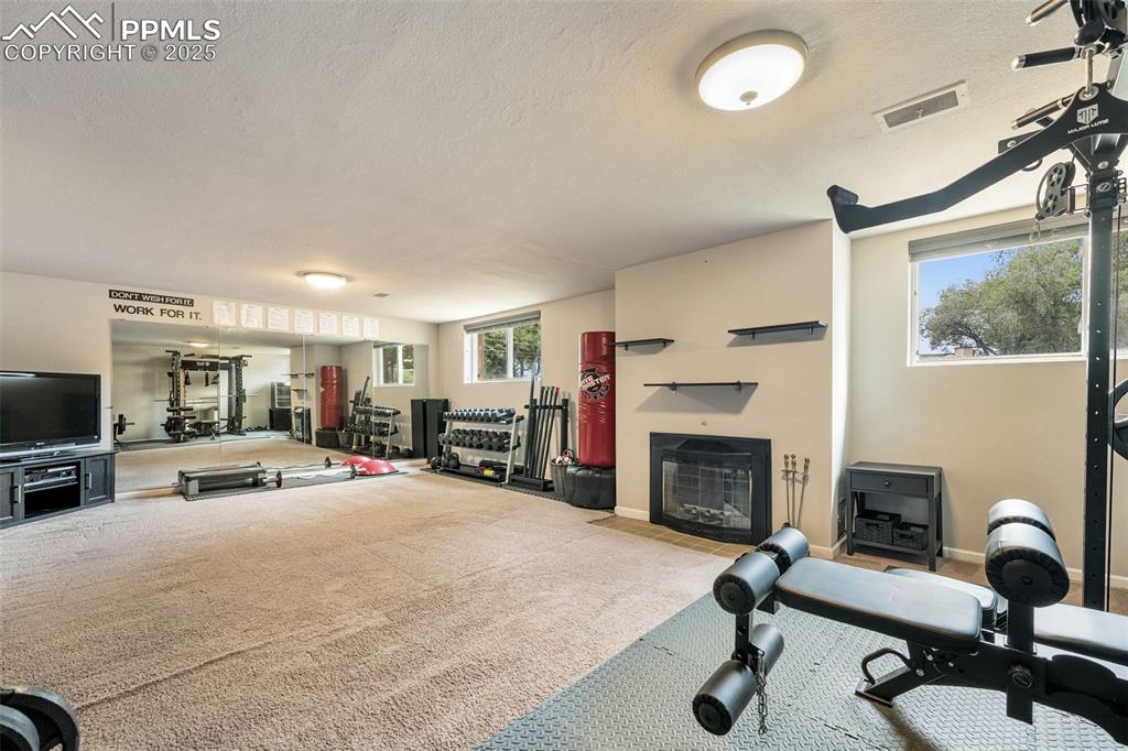 Image 15 of 29: Workout room featuring carpet flooring, a textured ceiling, and a fireplace