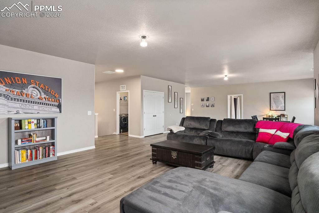 Image 19 of 43: Family room with light wood-style floors and washer / dryer