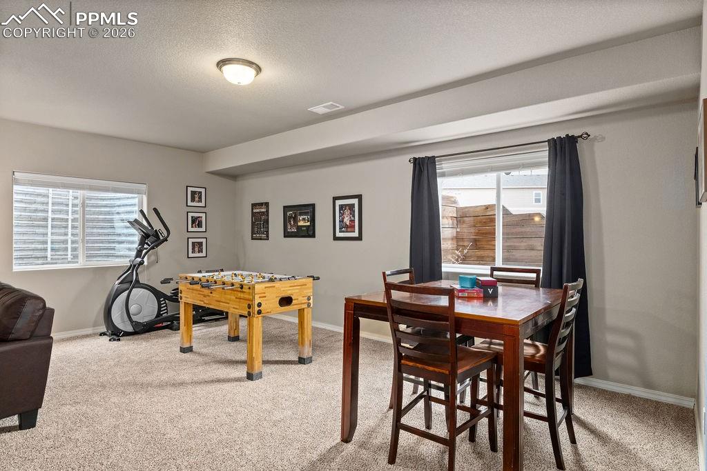 Image 37 of 43: Basement recreation room featuring light carpet and a textured ceiling