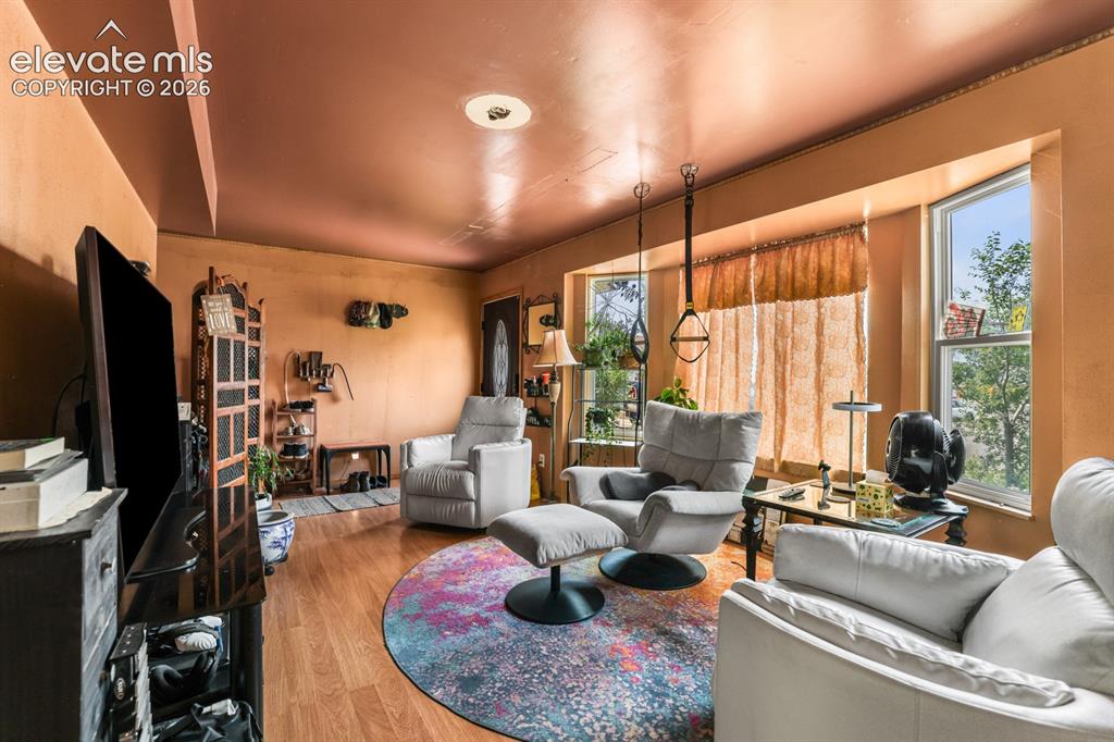 Image 6 of 33: Spacious interior featuring wood-finish flooring, a vibrant area rug, and d