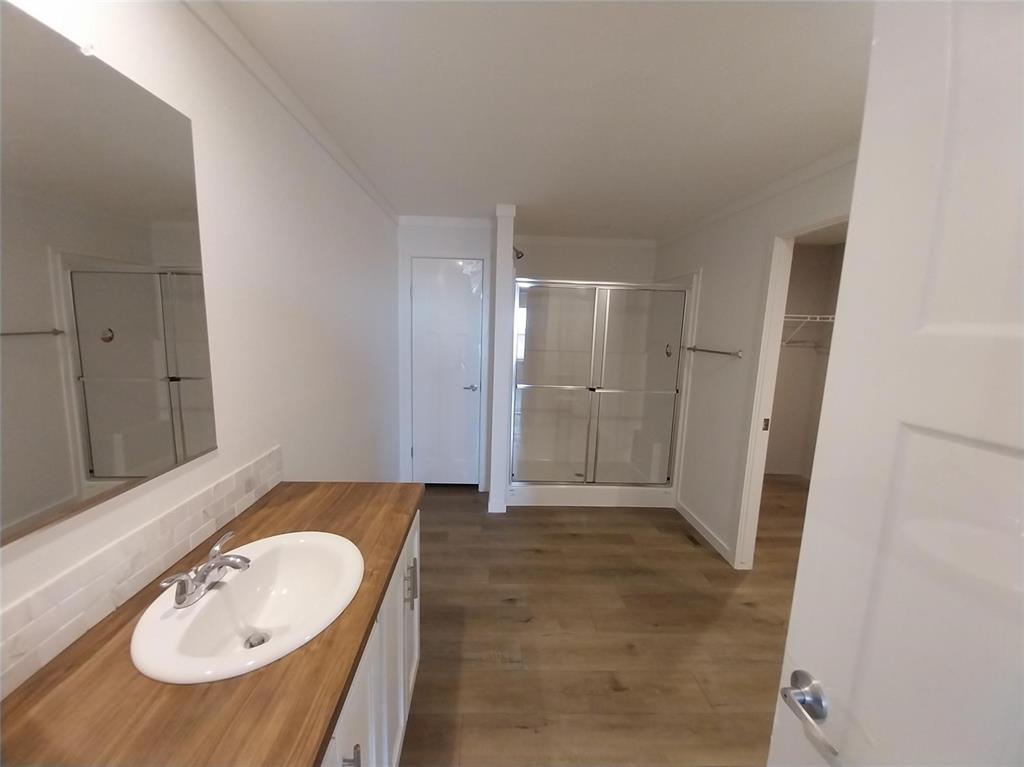 Image 11 of 28: Bathroom featuring light wood-style floors, vanity, a stall shower, ornamen