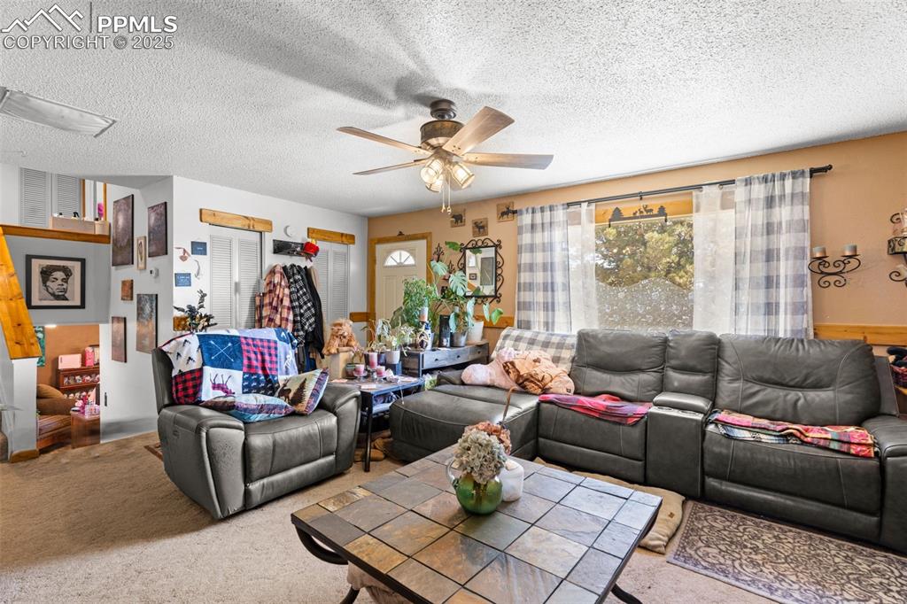 Image 5 of 22: Living area featuring a textured ceiling, a ceiling fan, and carpet