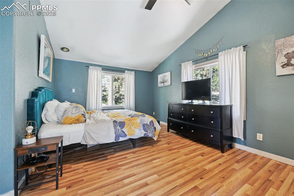 Image 17 of 49: Bedroom featuring wood finished floors, vaulted ceiling, multiple windows, 