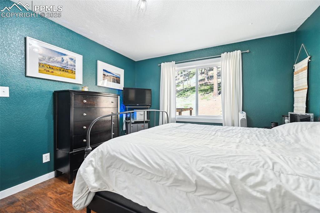 Image 25 of 49: Bedroom with dark wood finished floors and a textured wall