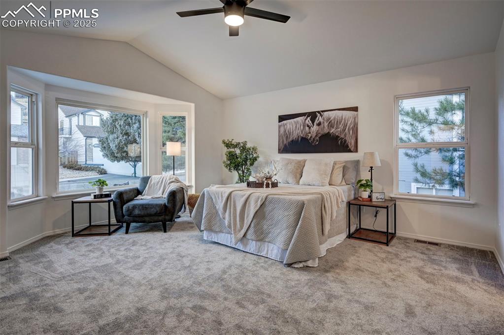 Image 28 of 50: Main level Primary Suite with new carpet, a lighted ceiling fan, bay window