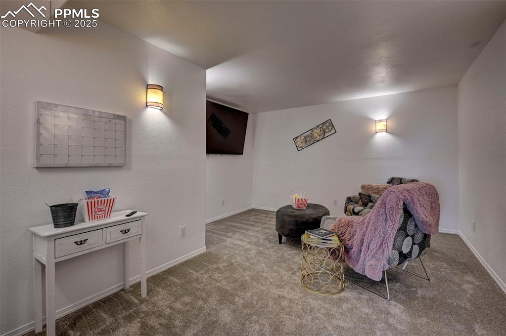 Image 43 of 50: Basement Media Room with new carpet and wall mounted TV that stays.