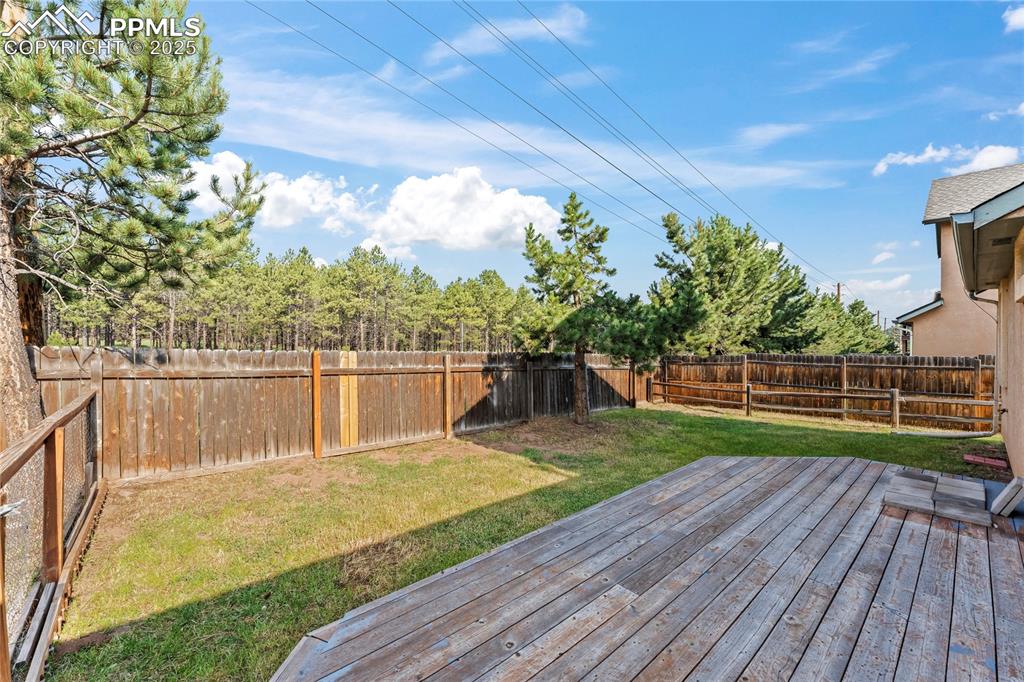 Image 6 of 37: Wooden terrace featuring a fenced backyard