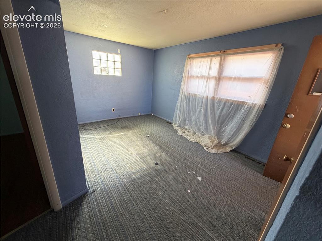 Image 16 of 28: ADU- Living room Textured wall finish, ceiling-mounted light fixture, and w