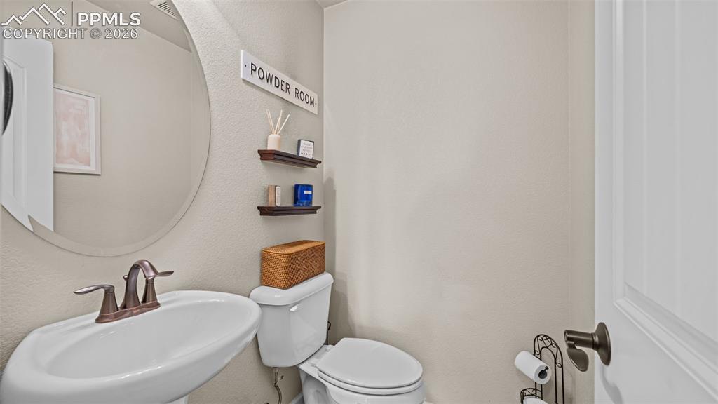 Image 13 of 27: Compact powder room featuring a pedestal sink with a bronze-finish faucet,