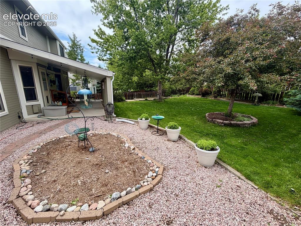 Image 9 of 49: Expansive backyard featuring a manicured lawn, established trees, and a cov
