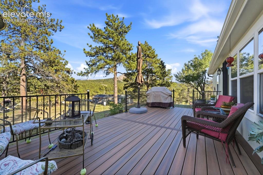 Image 15 of 50: Expansive outdoor deck featuring wood-finish composite decking, black metal