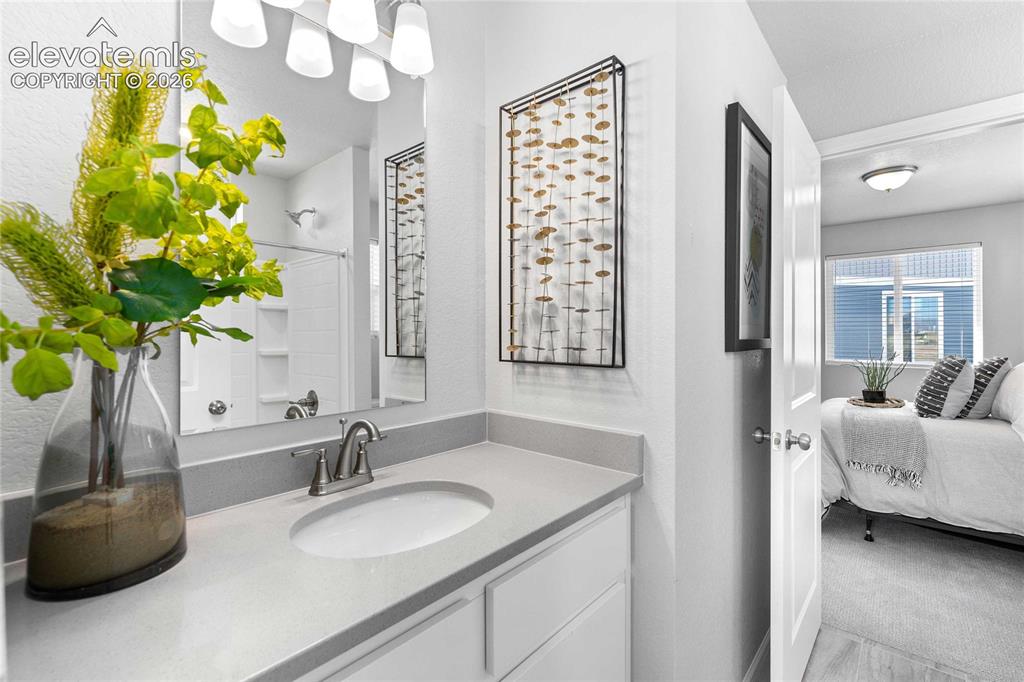 Image 18 of 25: Bathroom vanity with a single basin, brushed nickel faucet, and a large wal