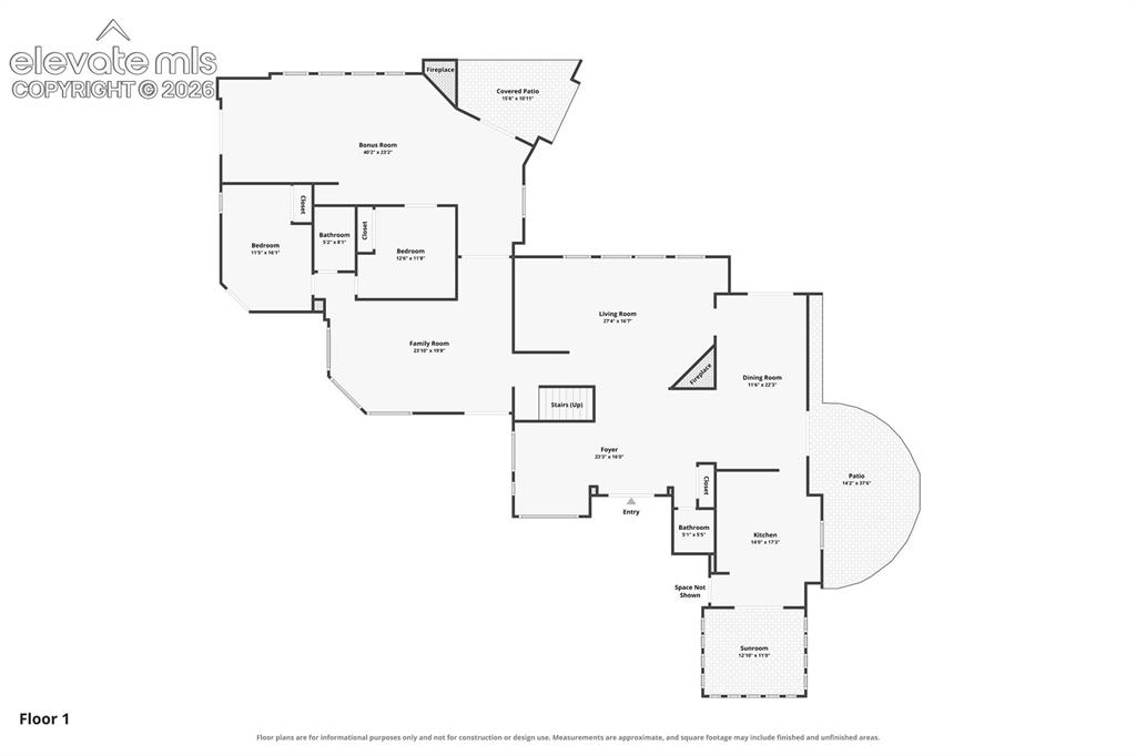 Image 9 of 46: Main level floor plan highlighting the living and dining rooms, kitchen, tw