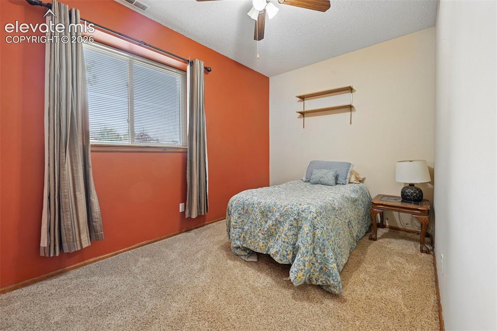 Image 33 of 50: Basement bedroom with plush carpeting and a ceiling fan with light fixture