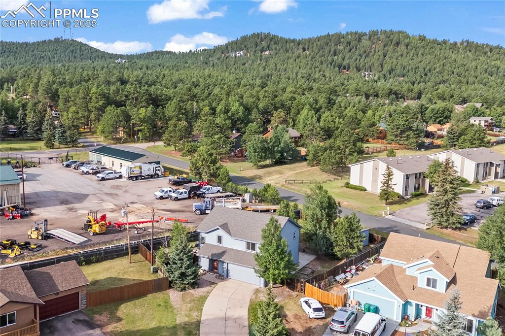 Image 34 of 38: Aerial perspective of suburban area with a forest and a mountain backdrop