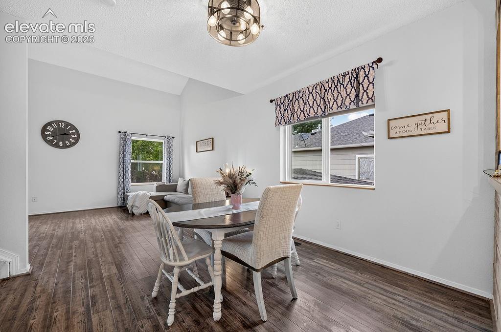 Image 16 of 30: Vaulted ceilings, wood-finish flooring, and a contemporary ceiling light fi