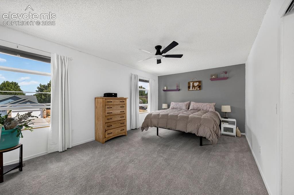 Image 19 of 30: Spacious room featuring light gray carpeting, a contrasting accent wall, tw