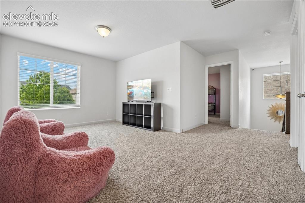 Image 19 of 39: Carpeted interior space featuring a large window with horizontal blinds, a