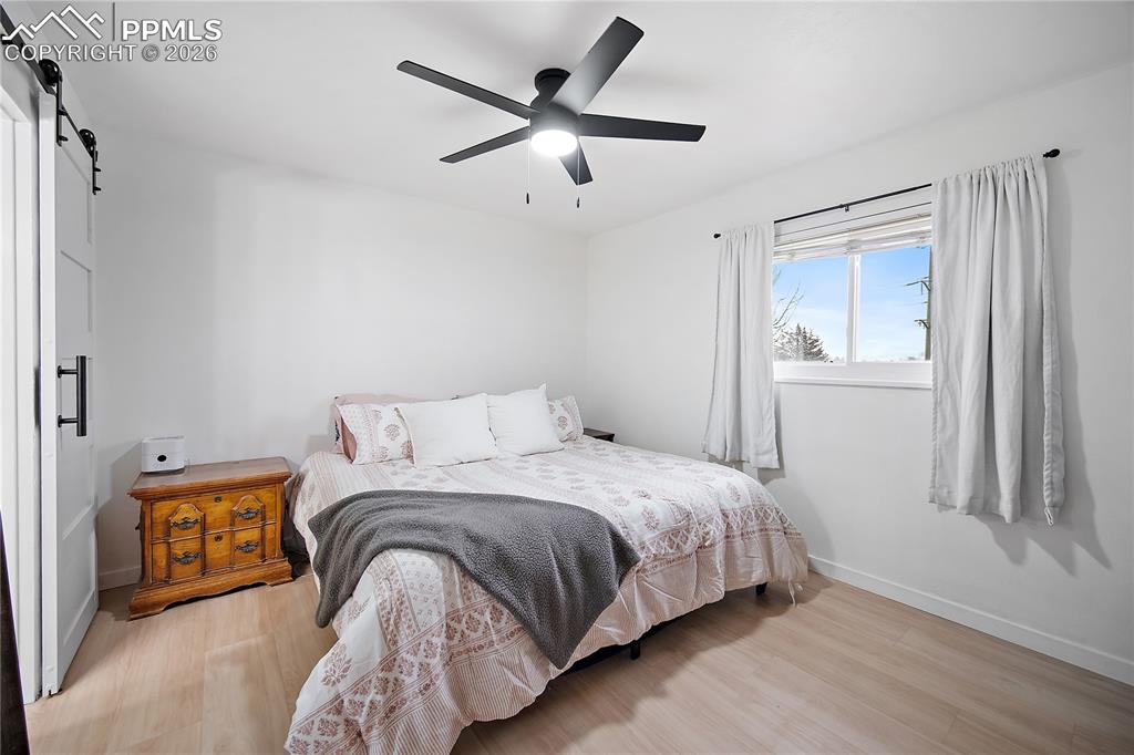 Image 14 of 44: Main level primary bedroom with laminate flooring, large window and ceiling