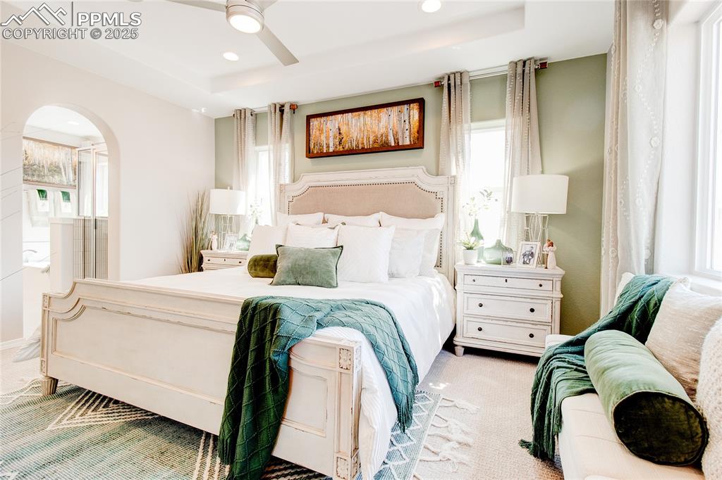 Image 16 of 23: Bedroom with multiple windows, carpet flooring, a tray ceiling, and recesse
