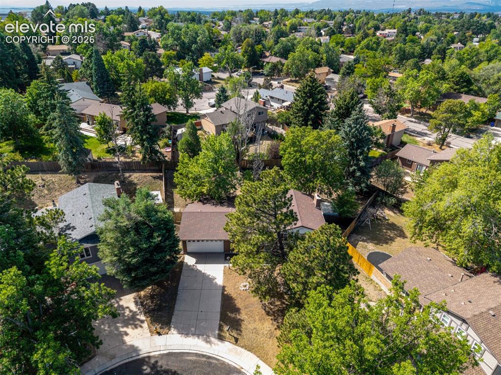 Image 34 of 44: Residential property with mature trees, a driveway, and an attached garage