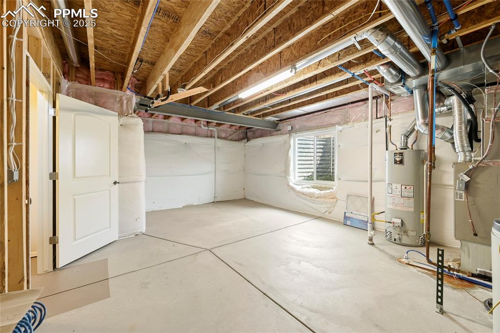Image 25 of 28: Basement featuring water heater and heating unit