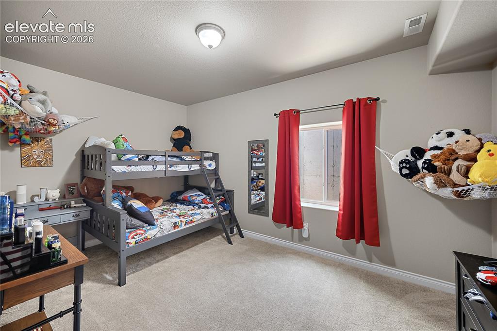 Image 31 of 49: Basement bedroom with carpet and walk in closet.