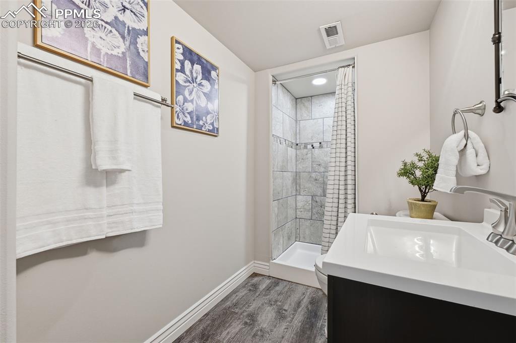 Image 35 of 50: A fourth bathroom in the basement. More custom tile in this bathroom as in