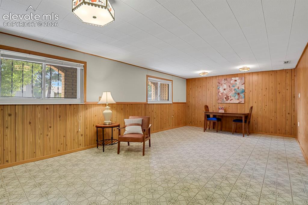 Image 28 of 48: Basement Recreation area with plenty of space and a wood burning fireplace.