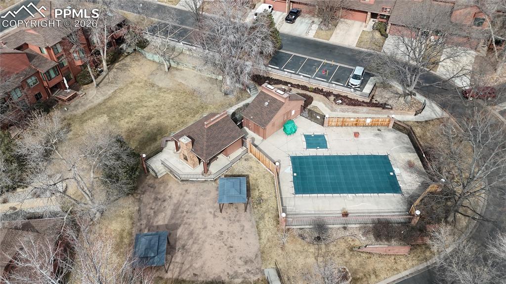 Image 33 of 34: Aerial view of a pool