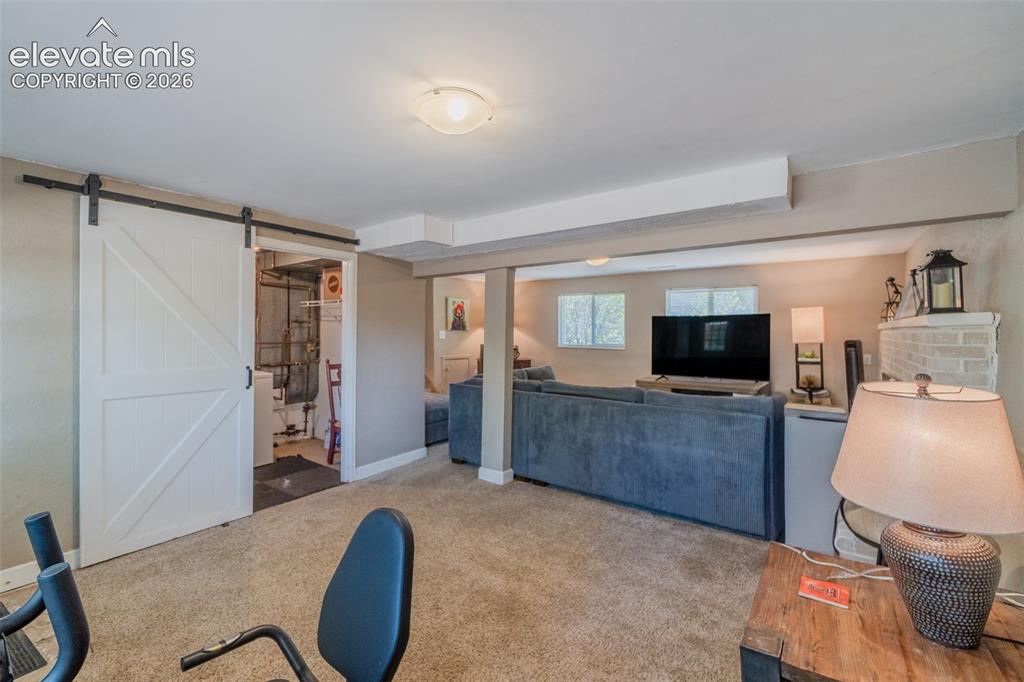 Image 10 of 30: Finished living space in the lower level featuring soft carpet flooring, re