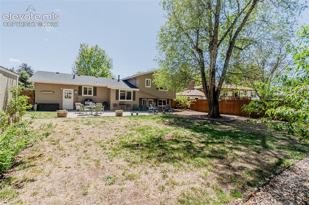Image 16 of 30: Expansive backyard featuring a large tree, a privacy fence, and a concrete