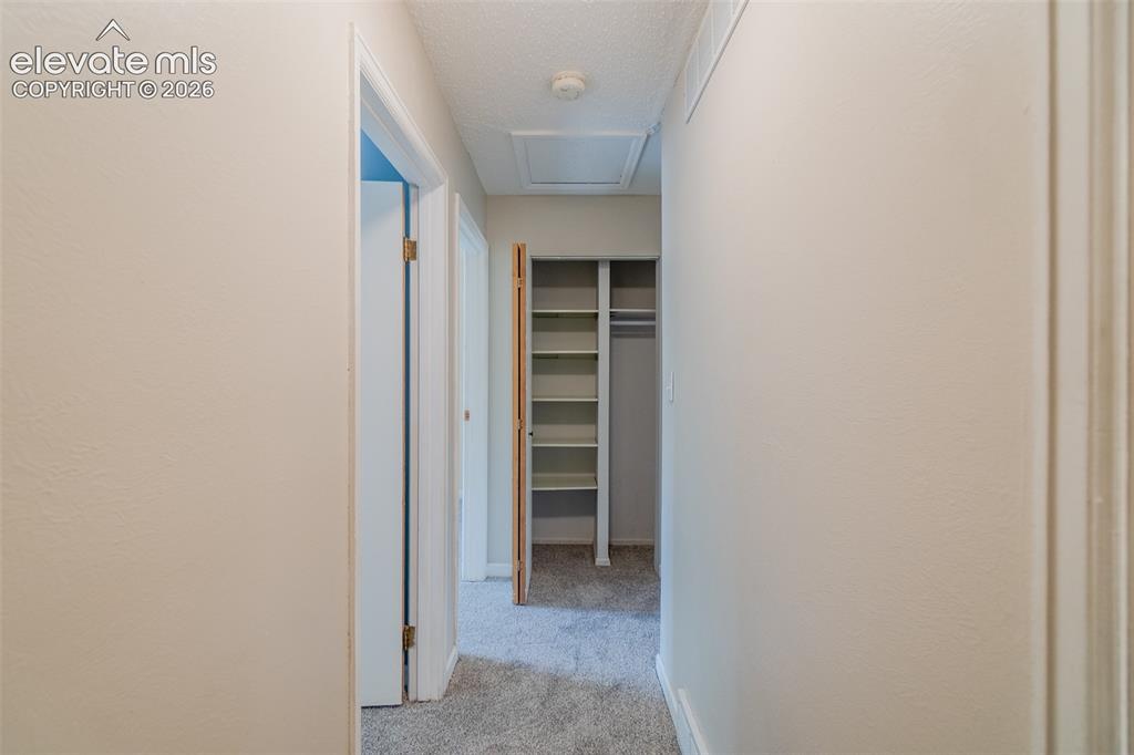 Image 40 of 42: Hallway featuring light-toned walls, textured ceiling, and carpeted floorin
