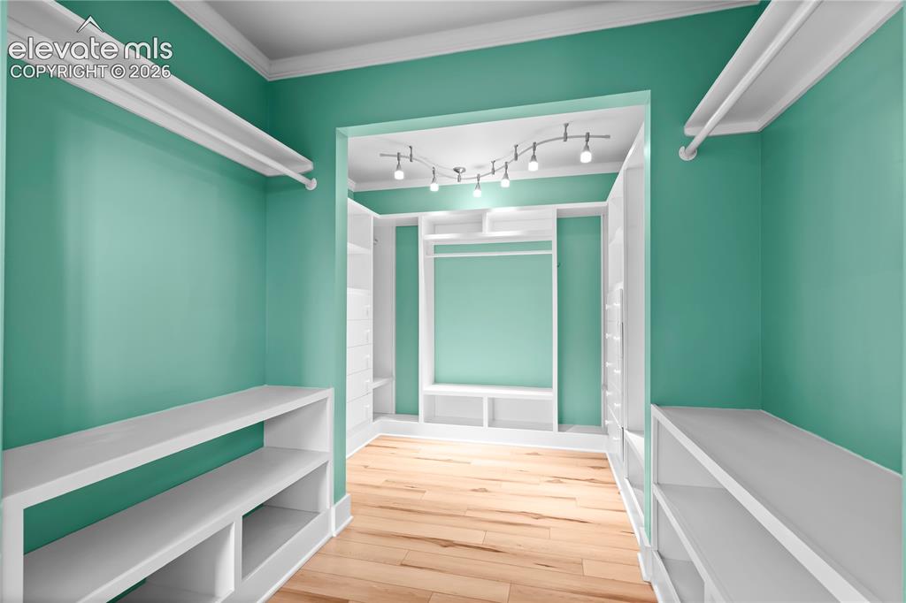 Image 19 of 31: Walk-in closet featuring extensive built-in shelving, hanging rods, light w
