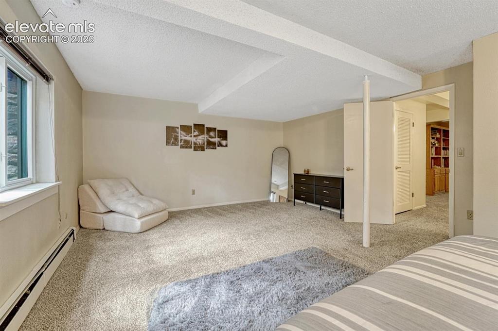 Image 21 of 48: Carpeted room featuring a window with a stone exterior visible, painted wal