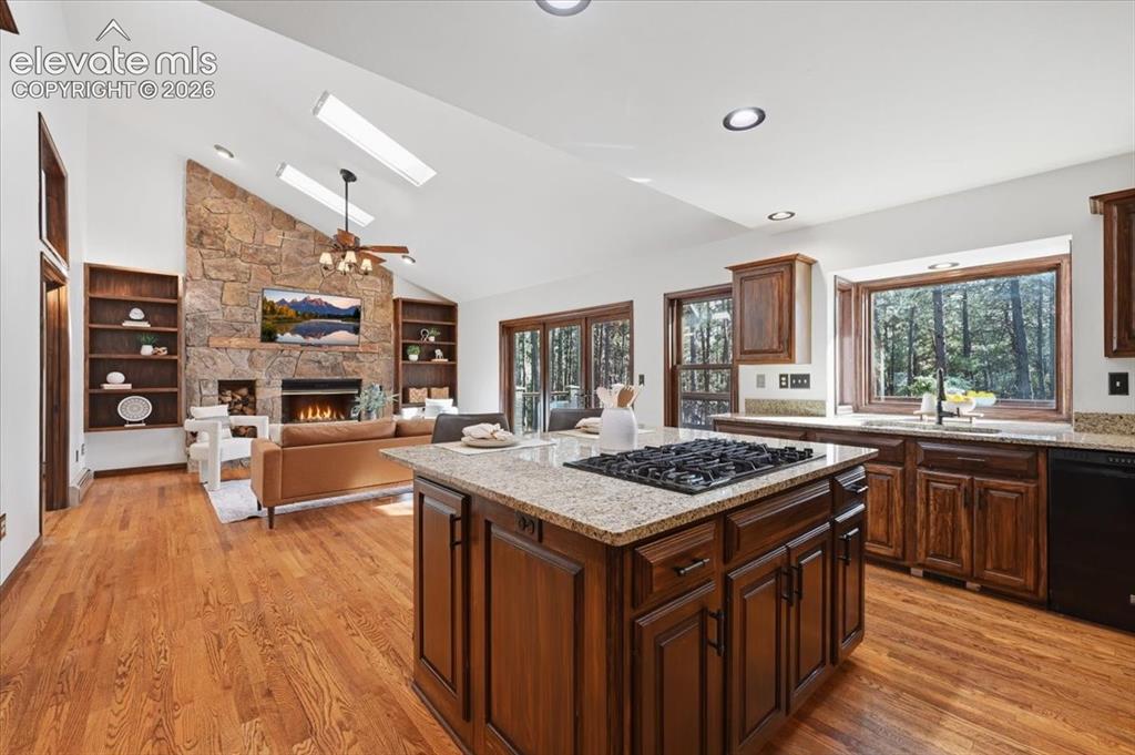 Image 12 of 46: Vaulted ceiling with skylights, stone-faced fireplace, built-in shelving, w