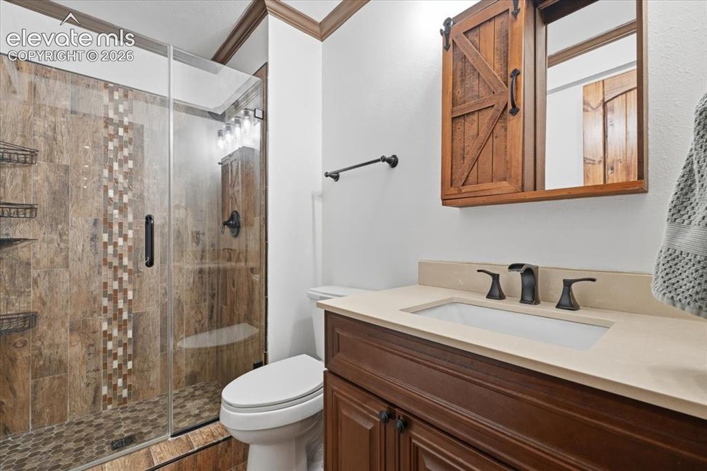 Image 32 of 46: Walk-in shower with glass enclosure and mosaic tile accent, wood-finish van