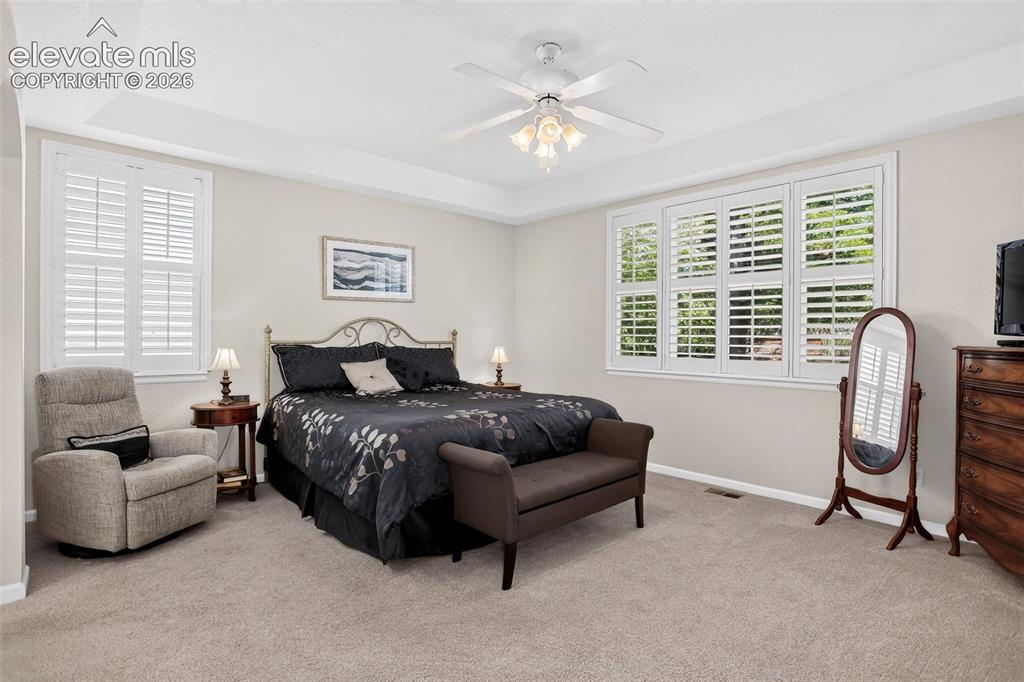 Image 19 of 42: Tray ceiling, overhead fan with integrated lighting, plantation shutters, w