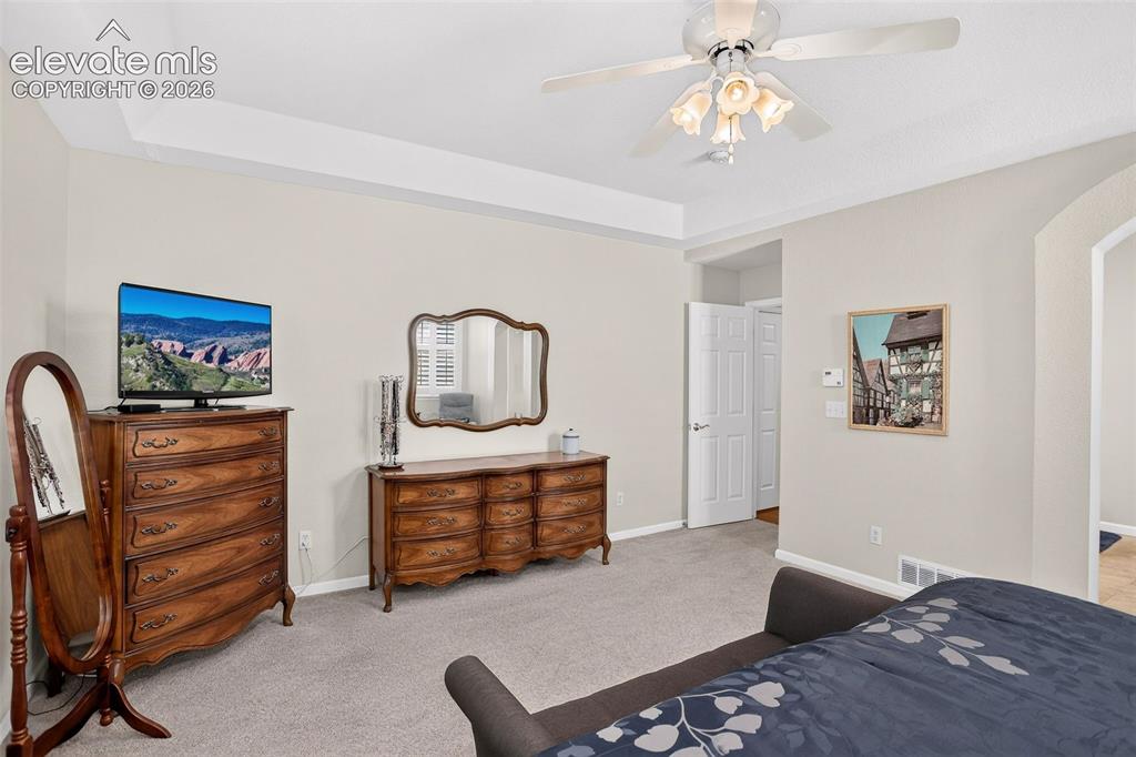 Image 20 of 42: Tray ceiling detail with a ceiling fan light fixture