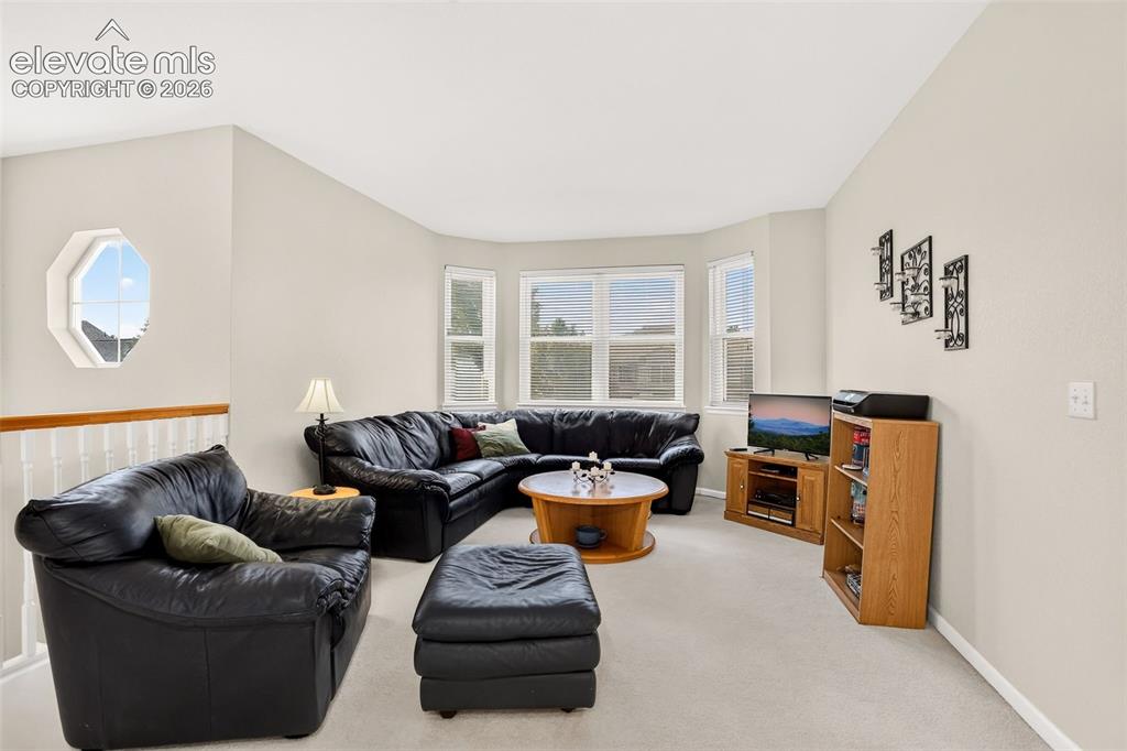 Image 27 of 42: Vaulted ceiling, bay window, octagon window, light-colored carpeting, and a