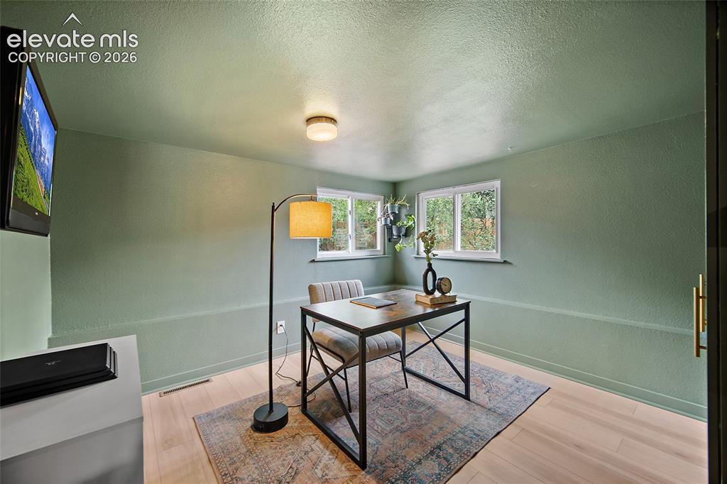 Image 27 of 43: Room featuring two windows, light wood-finish flooring, and a flush-mount c