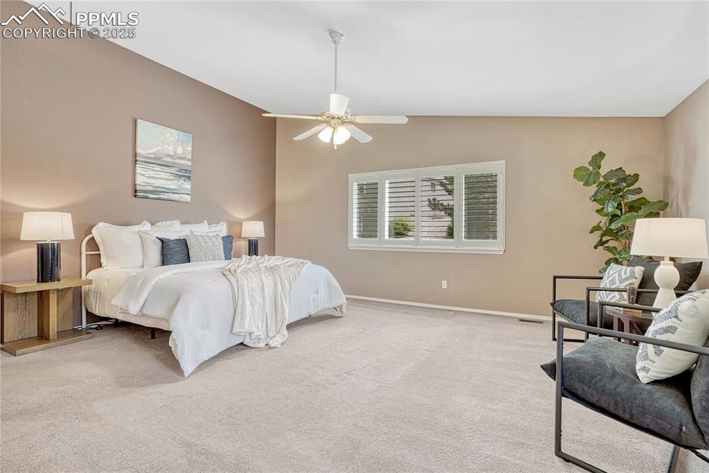 Image 20 of 38: Primary bedroom with vaulted ceiling...