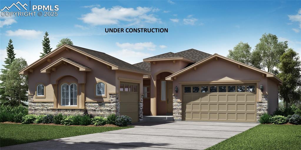 Caption: View of front of home with a shingled roof, stucco siding, driveway, stone siding, and an attached g