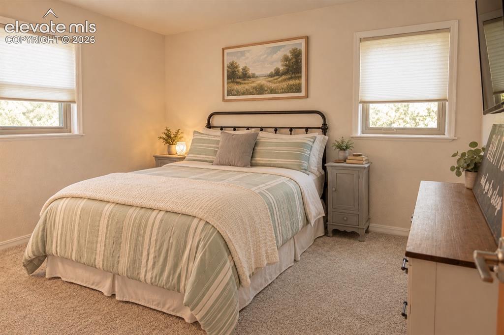 Image 16 of 30: Wall-to-wall carpeting, two windows with cellular blinds, and a built-in wa