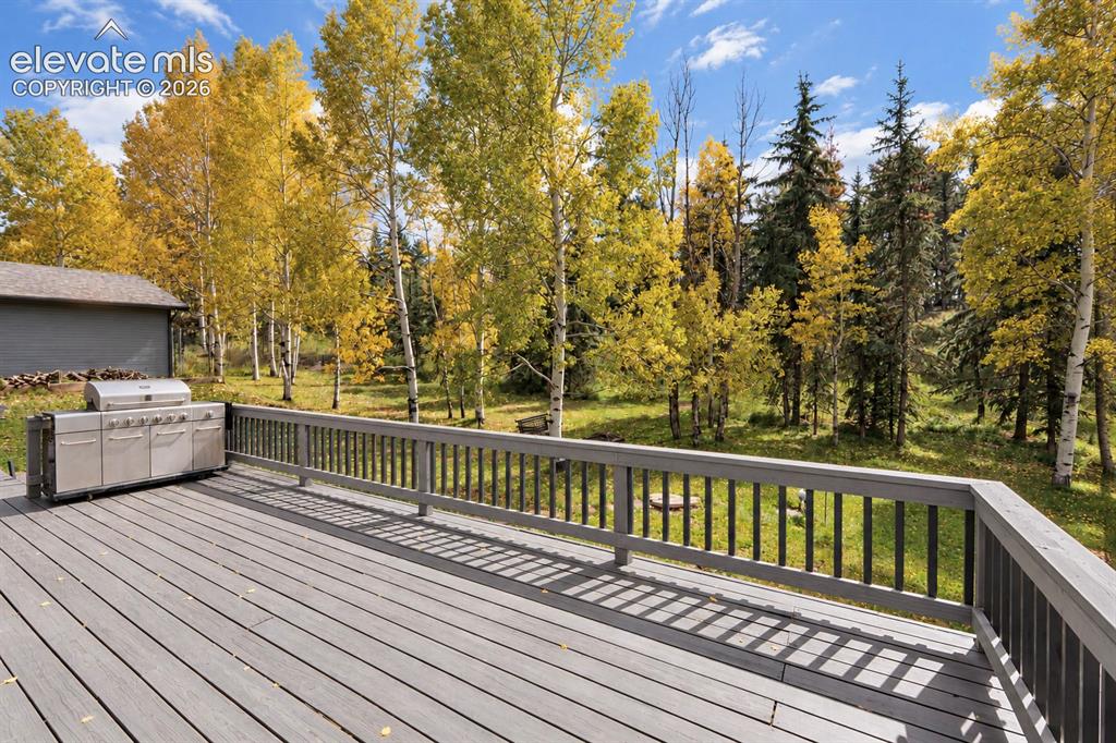 Image 26 of 30: Expansive outdoor deck featuring wood-finish composite flooring and a wood 