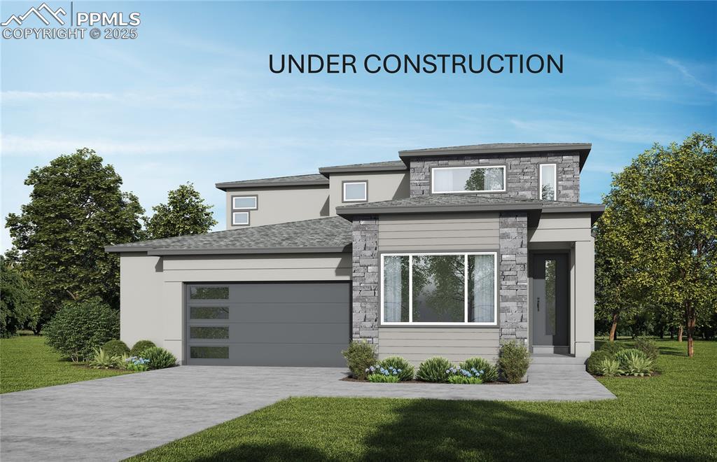 Caption: Prairie-style house with stone siding, a front yard, an attached garage, driveway, and stucco siding