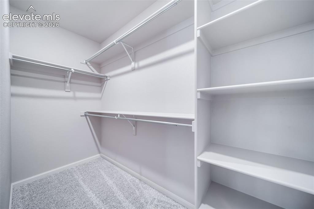Image 17 of 18: Walk-in closet featuring light gray carpeting, multiple white shelving unit