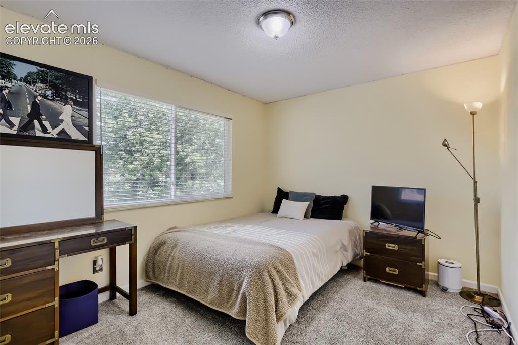 Image 15 of 19: Cozy bedroom space featuring broad windows, textured carpeting, a flush-mou