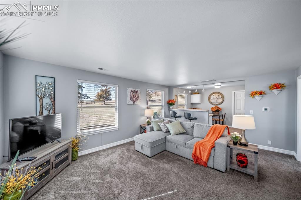 Image 43 of 50: Carpeted living room featuring baseboards